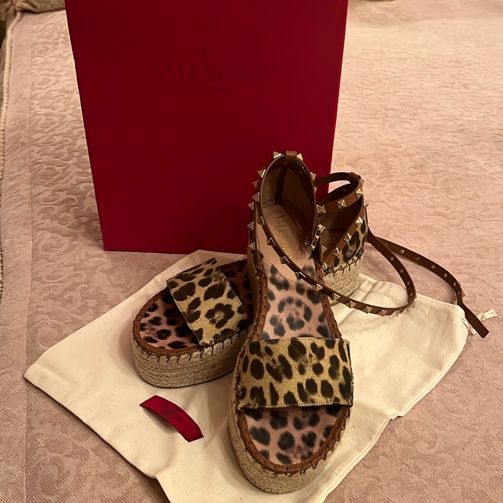 Valentino Leopard Print Espadrille Sandals with Studded Straps